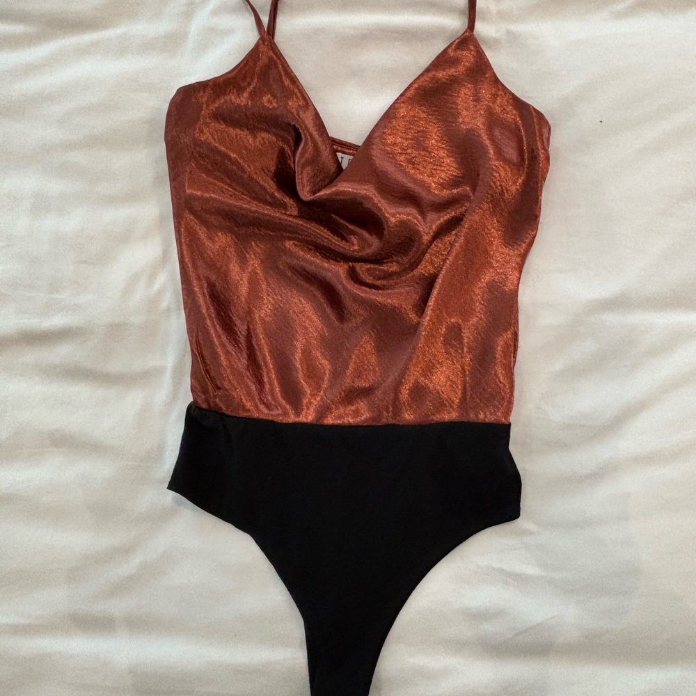 TCEC Satin Cowl Neck Bodysuit Rust Black Size S